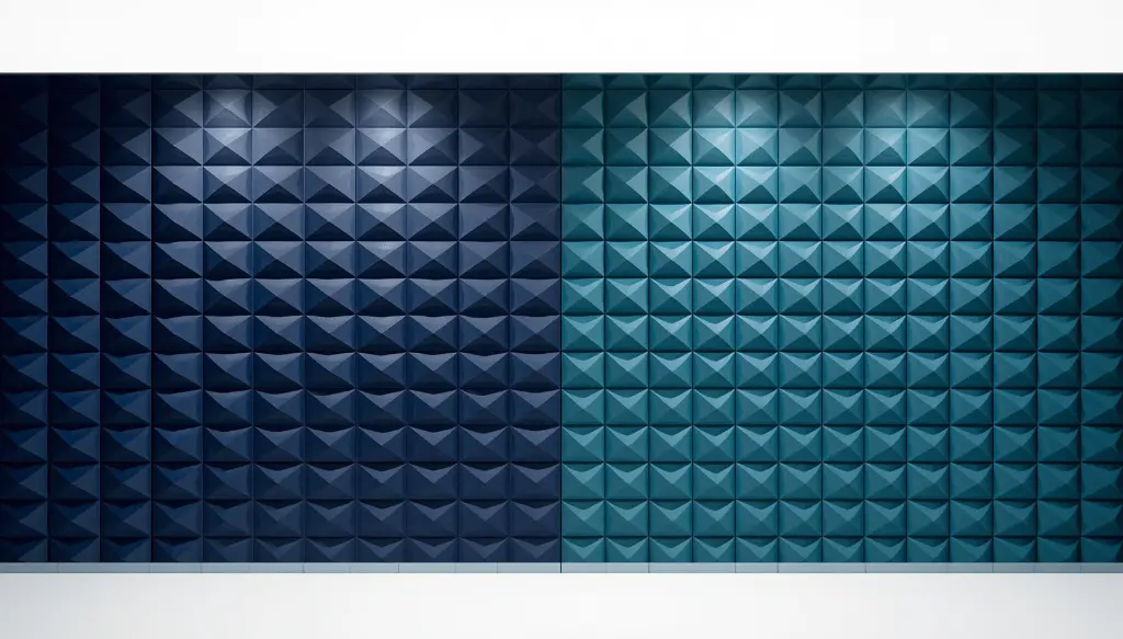Professional custom wall cladding panels for trade show booth, 3D textured wall panels with logo in navy blue and teal, modern geometric pattern wall cladding, dimensional decorative wall covering with raised surface, branded wall panels wi.webp