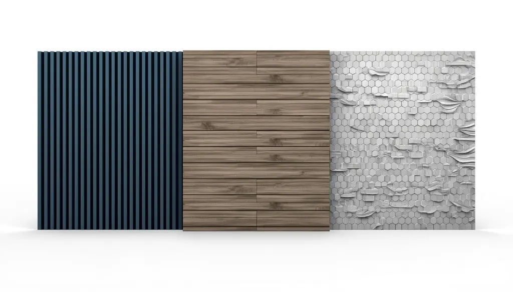 Professional custom wall cladding panels for trade show booth, vertical slat wall panels in navy blue and teal, wood-look textured wall cladding with horizontal planks, hexagonal tile pattern wall covering, wave pattern 3D wall panels, mode.webp