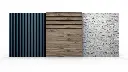 Professional custom wall cladding panels for trade show booth, vertical slat wall panels in navy blue and teal, wood-look textured wall cladding with horizontal planks, hexagonal tile pattern wall covering, wave pattern 3D wall panels, mode.webp